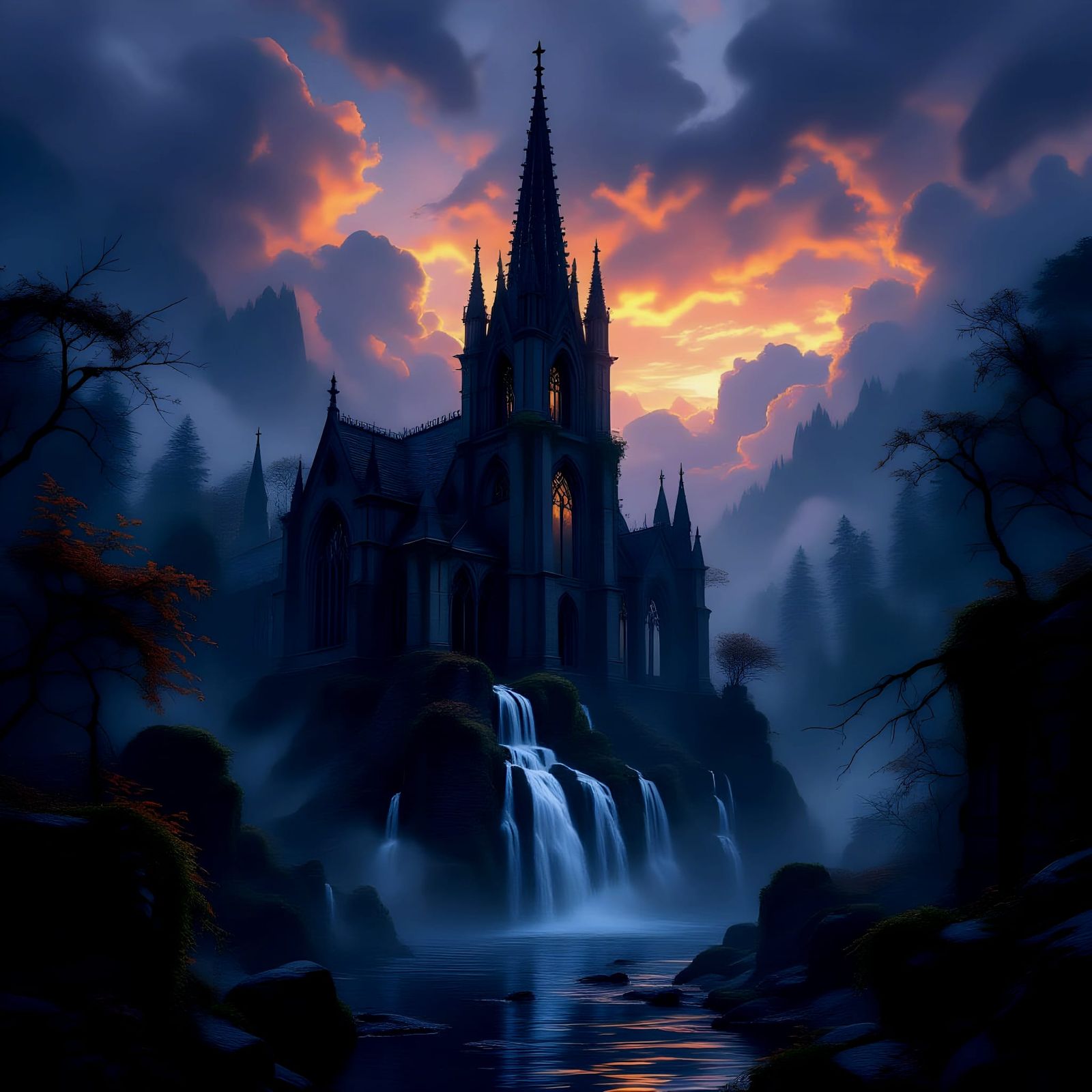 Gothic Cathedral Ruins in Misty Autumn Forest