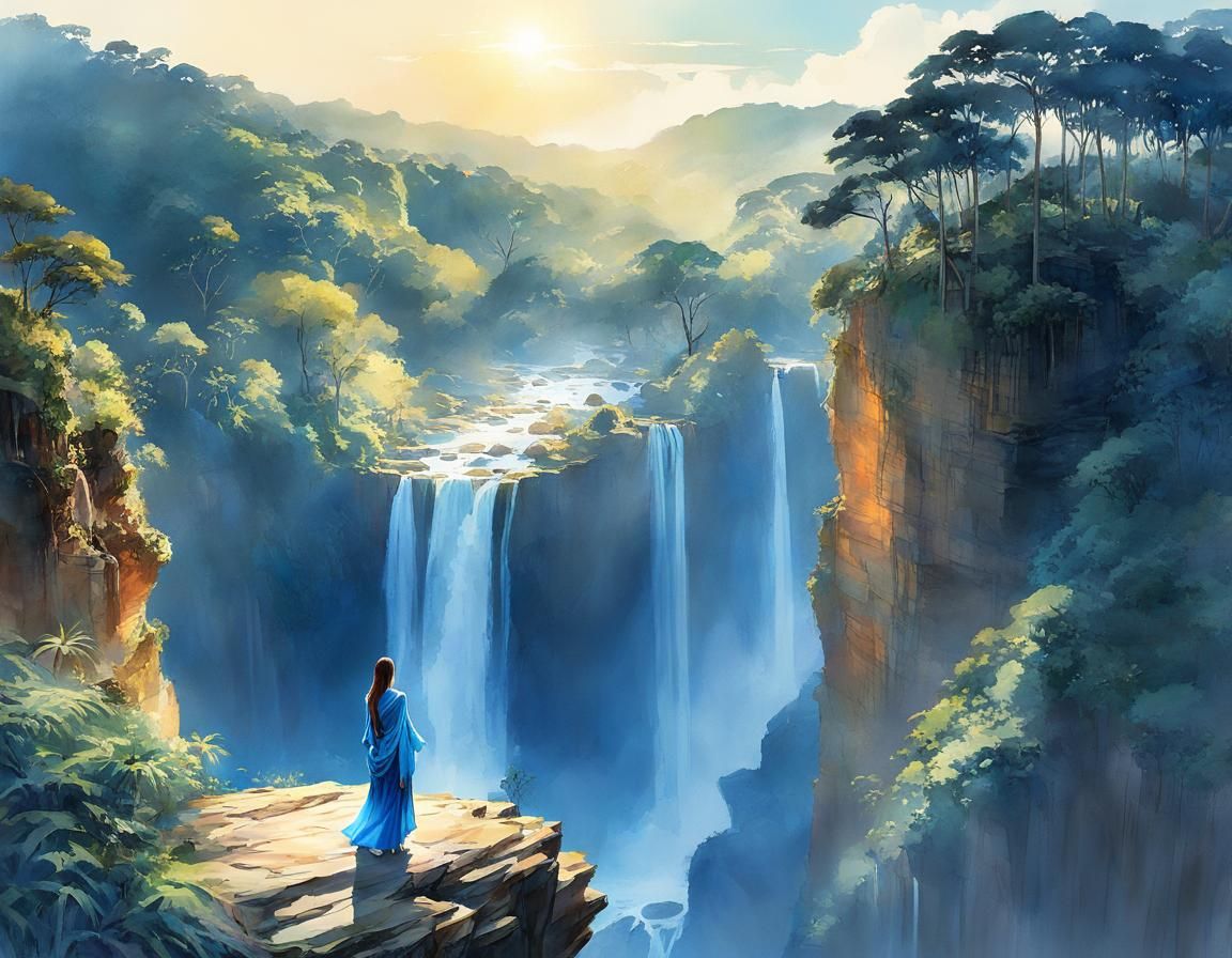 Woman in Silk Dress with Waterfall Background