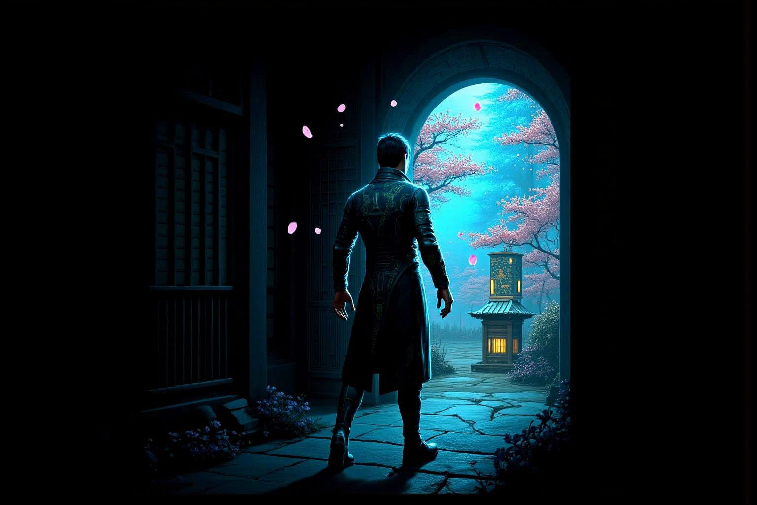 Cyberpunk Detective Emerges From Portal to Zen Garden