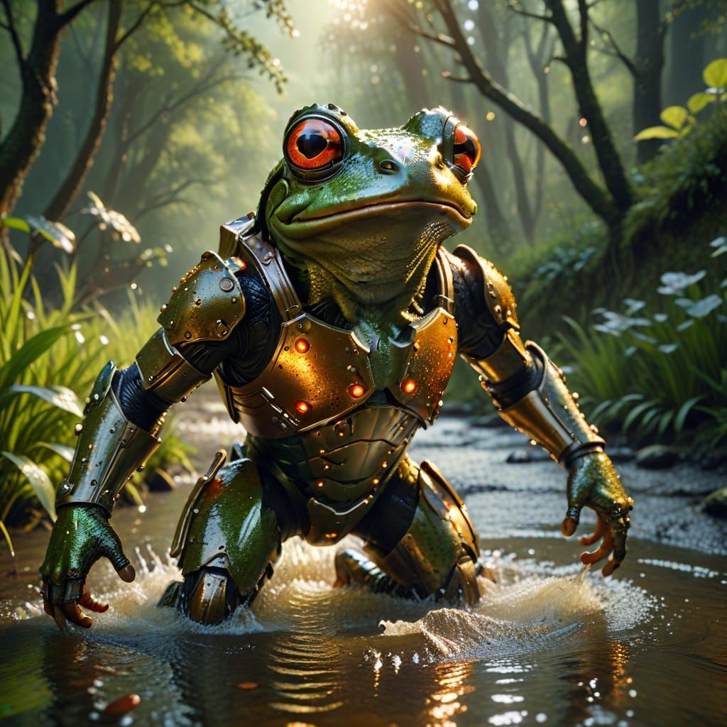 Armored Frog Leaps: Hyper-Realistic CGI Film Still