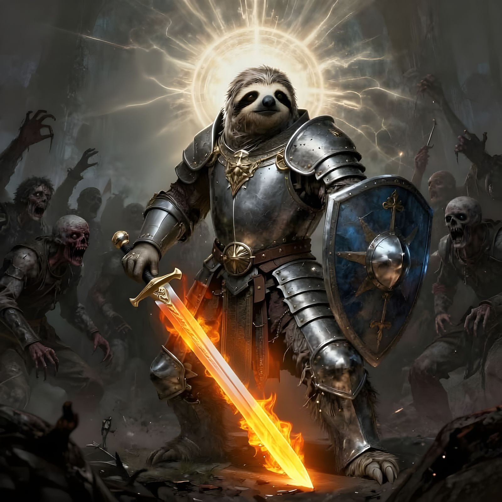 Muscled Sloth Paladin Fights Zombie Horde in Gothic Style