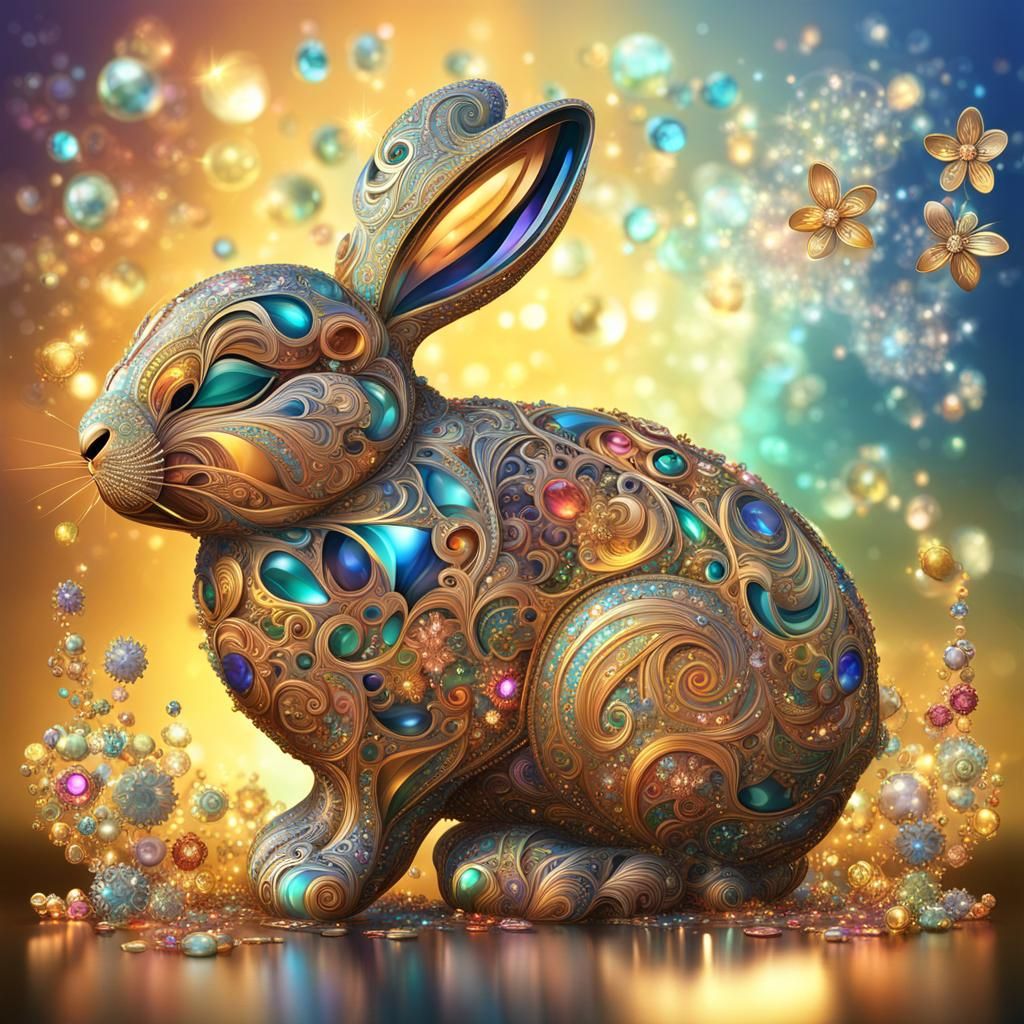Mystical Bejeweled Bunny in Colorful Digital Art