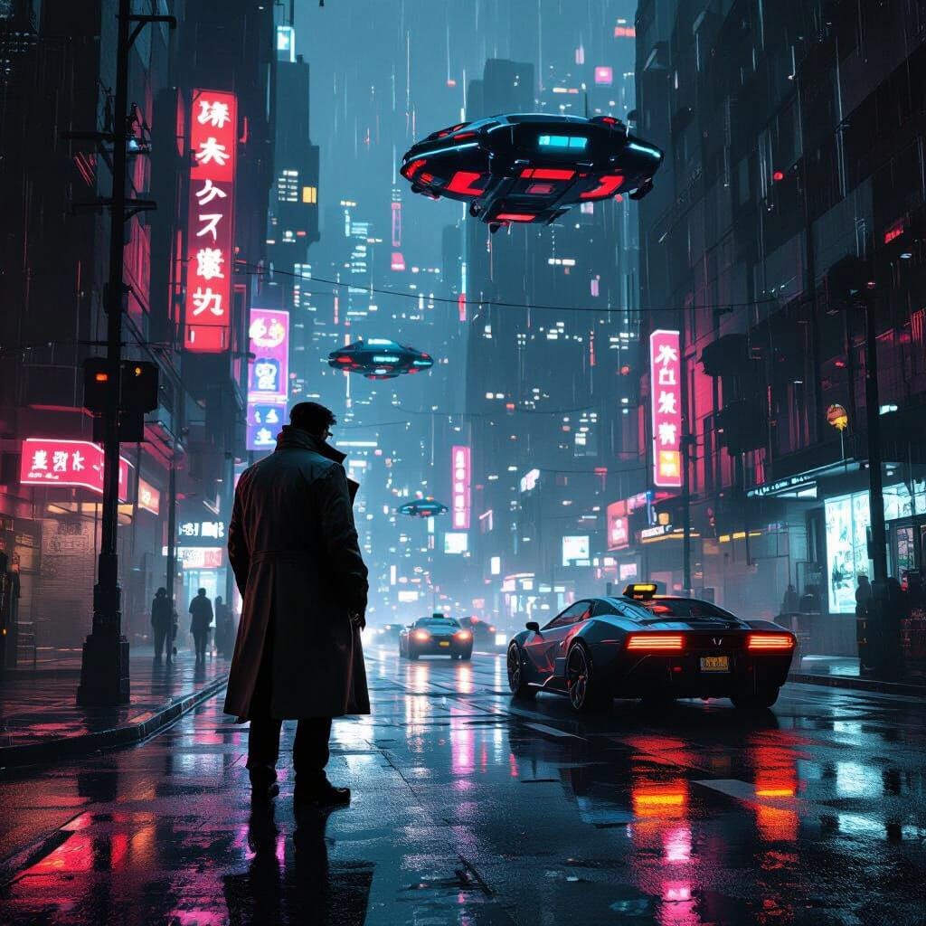 Grizzled Detective on Neon-Lit Cyberpunk Street
