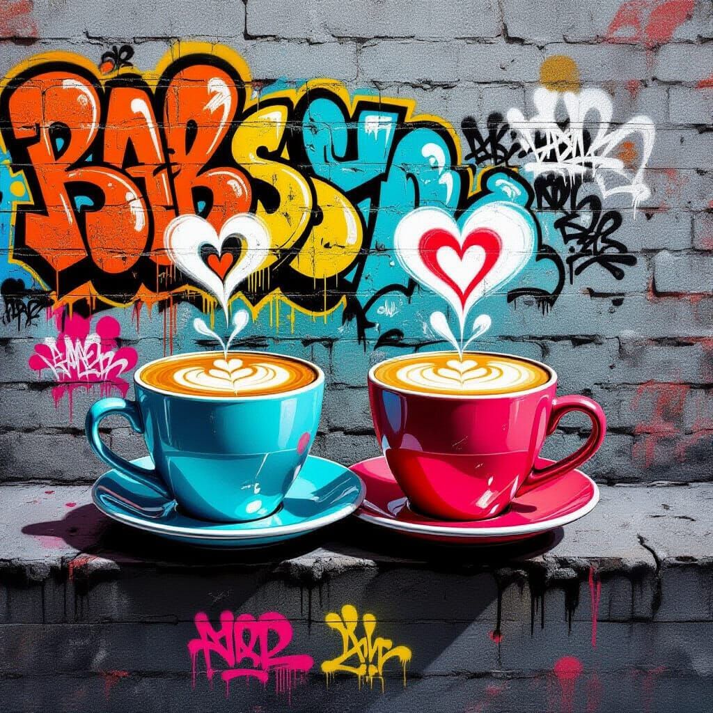 Coffee Cups With Latte Art Hearts on Urban Brick Wall