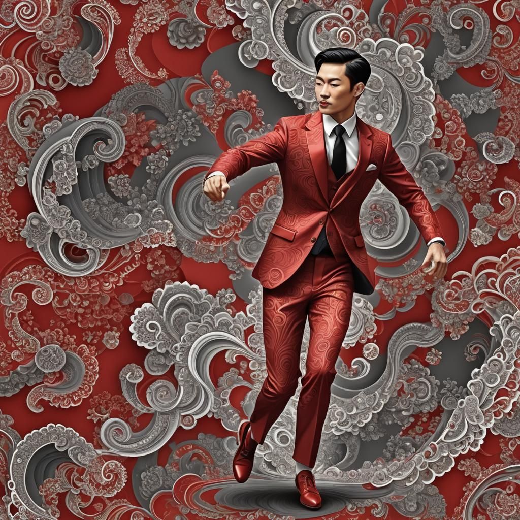 Dancing Man in Red Suit with Abstract Shading