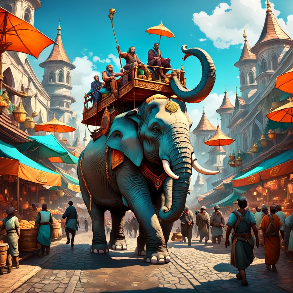 Fantasy Merchant on Elephant in Crowded Market