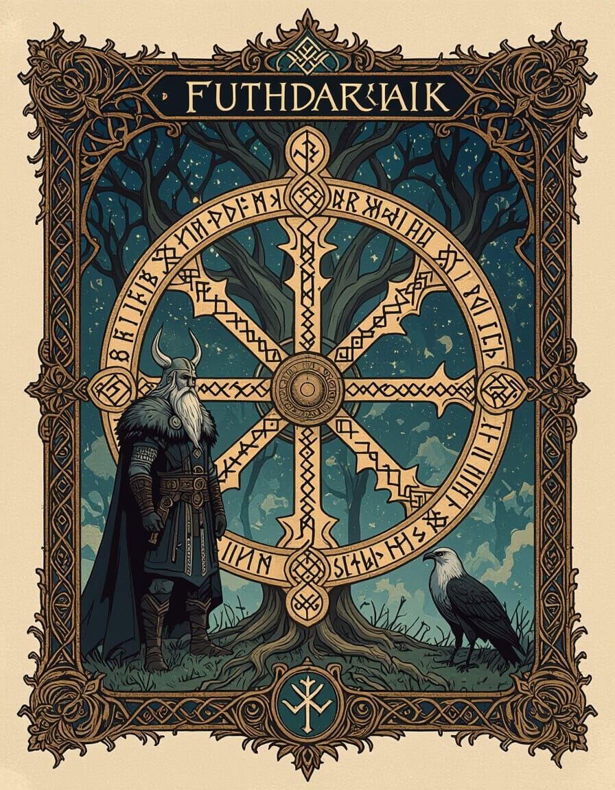 Viking Rune Wheel, Odin, Huginn and Muninn