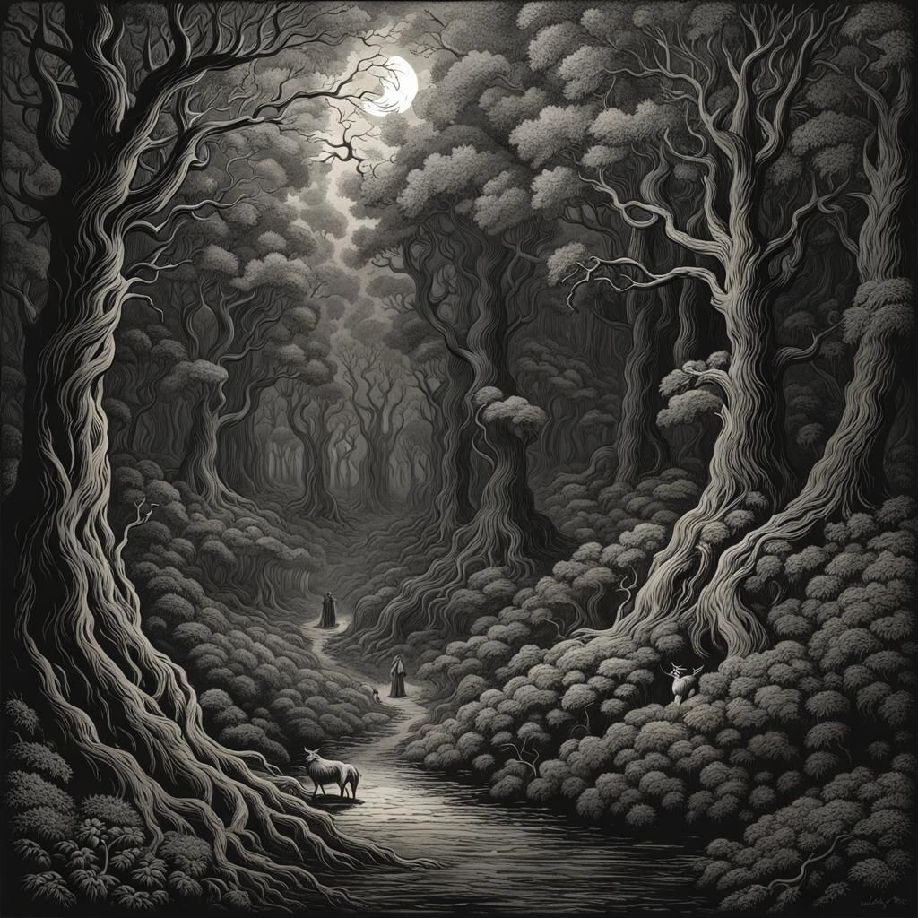 Eldritch Forest Illustration in Gustave Doré Style