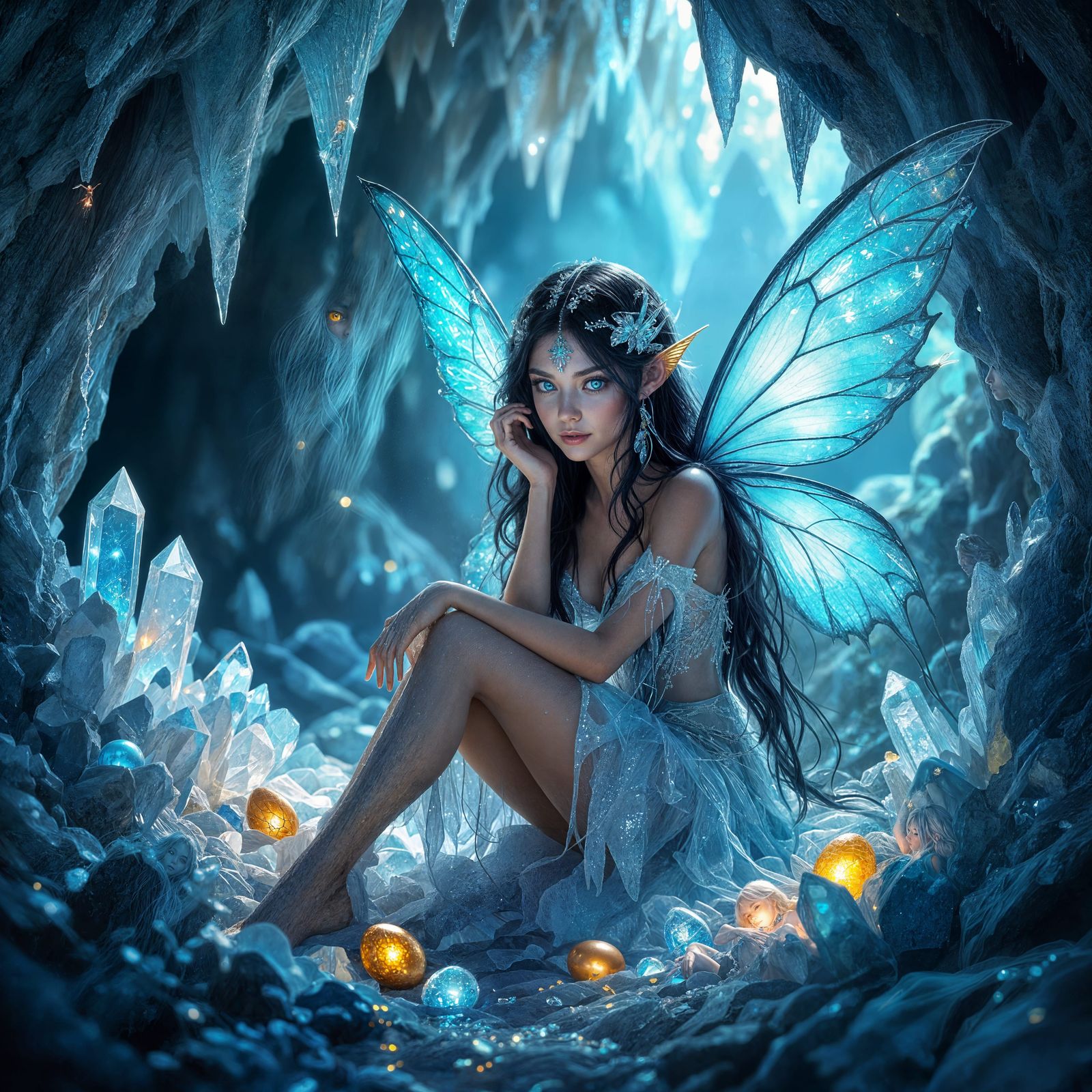 Silver Blue Fairy in Crystal Cave with Golden Eggs