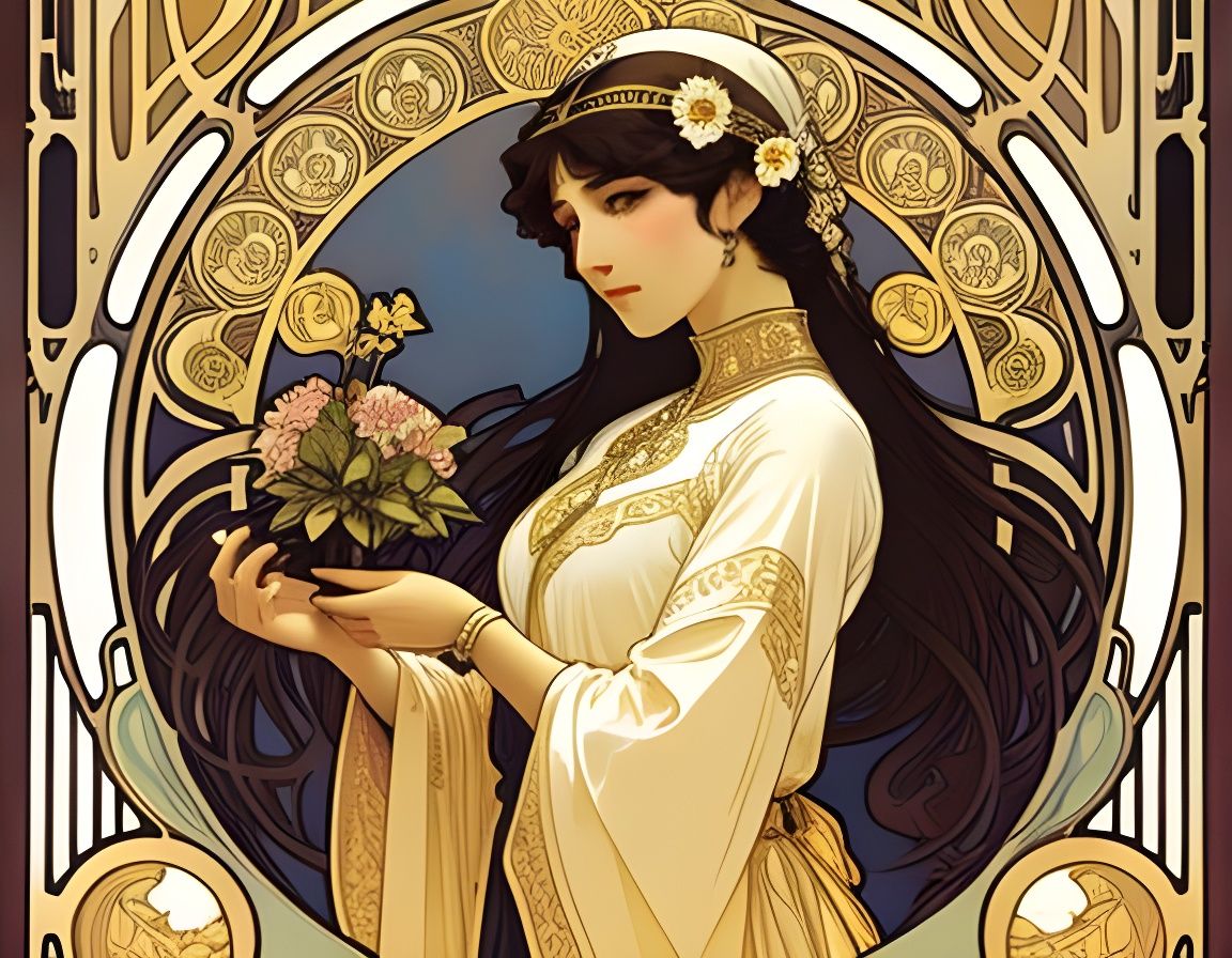 Art Nouveau Woman with Flower Portrait
