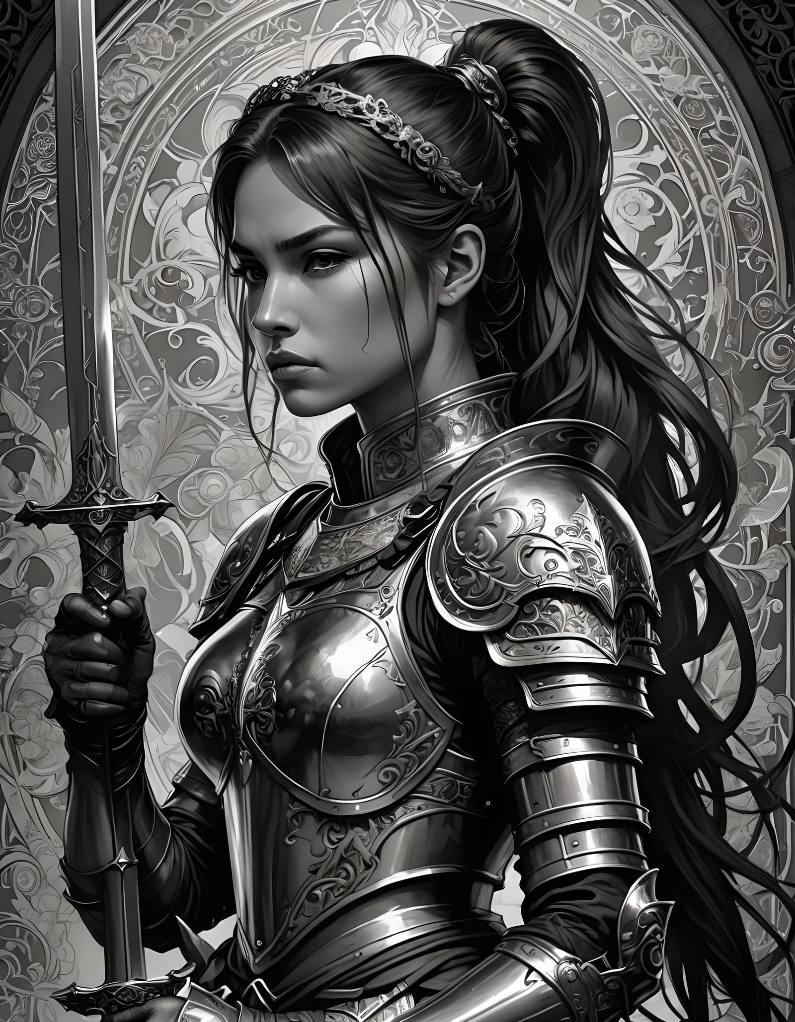 Teenage Knight in Black and White Line Art