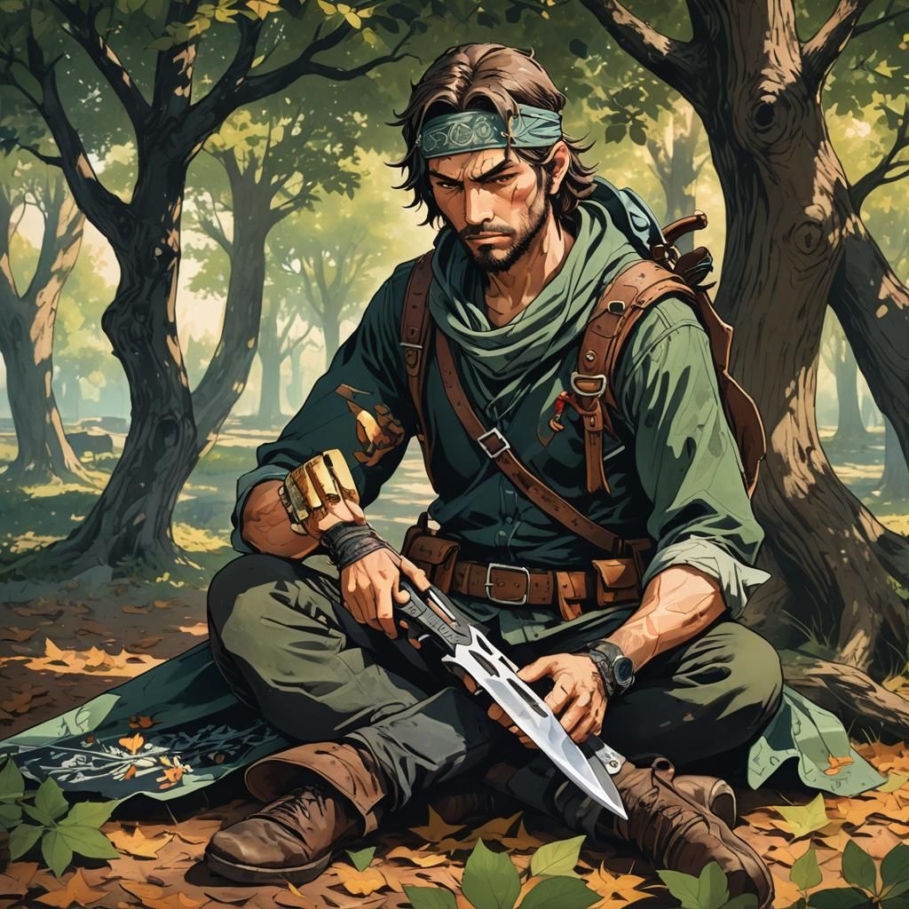 Medieval Outlaw Sharpening Knife in Anime Style