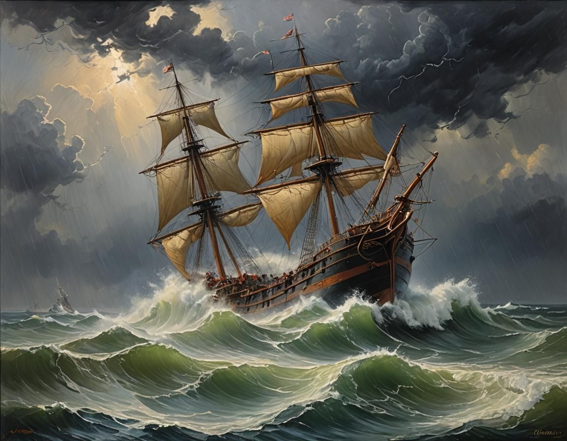 Ship in a Storm, Oil Painting Style