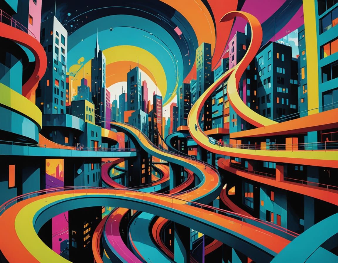 Vibrant Urban Dreamscape in Surrealist Style