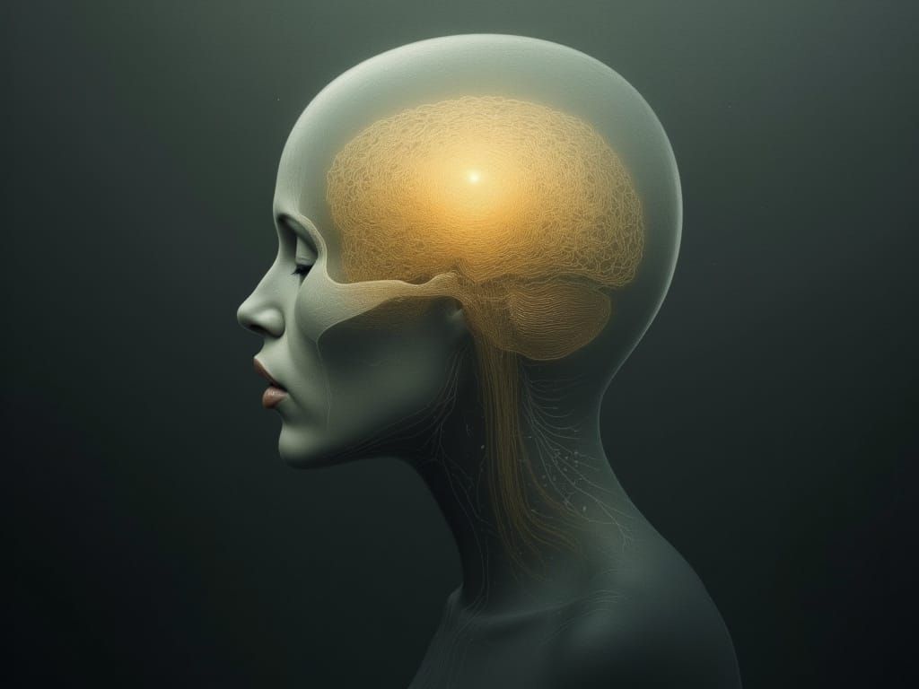 Surreal Crystal Dome Protects Glowing Brain in Stormy Void