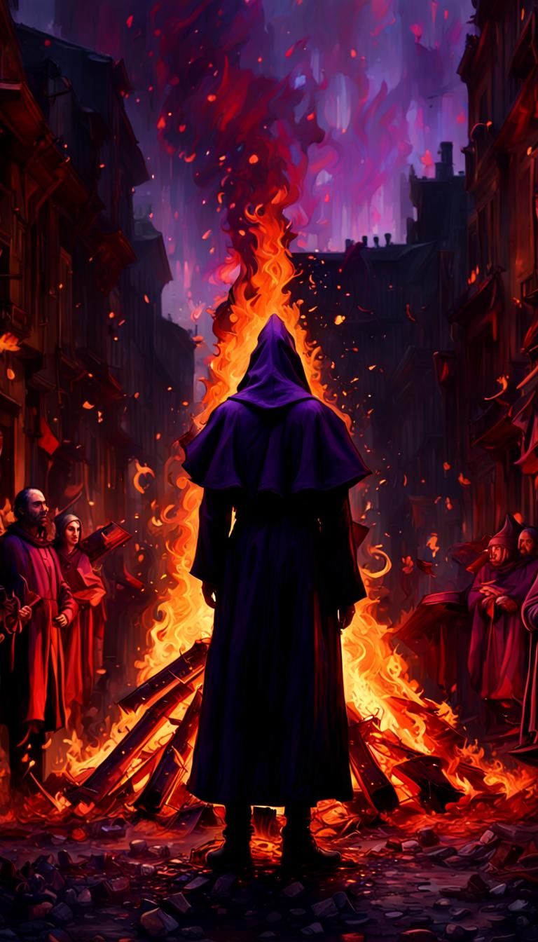 Spanish Inquisition Bonfire in Dark Fantasy Style