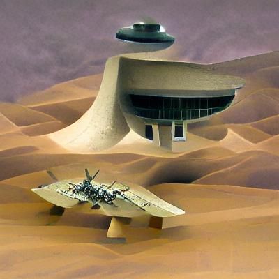 Brutalist Spaceship Over Desert Landscape