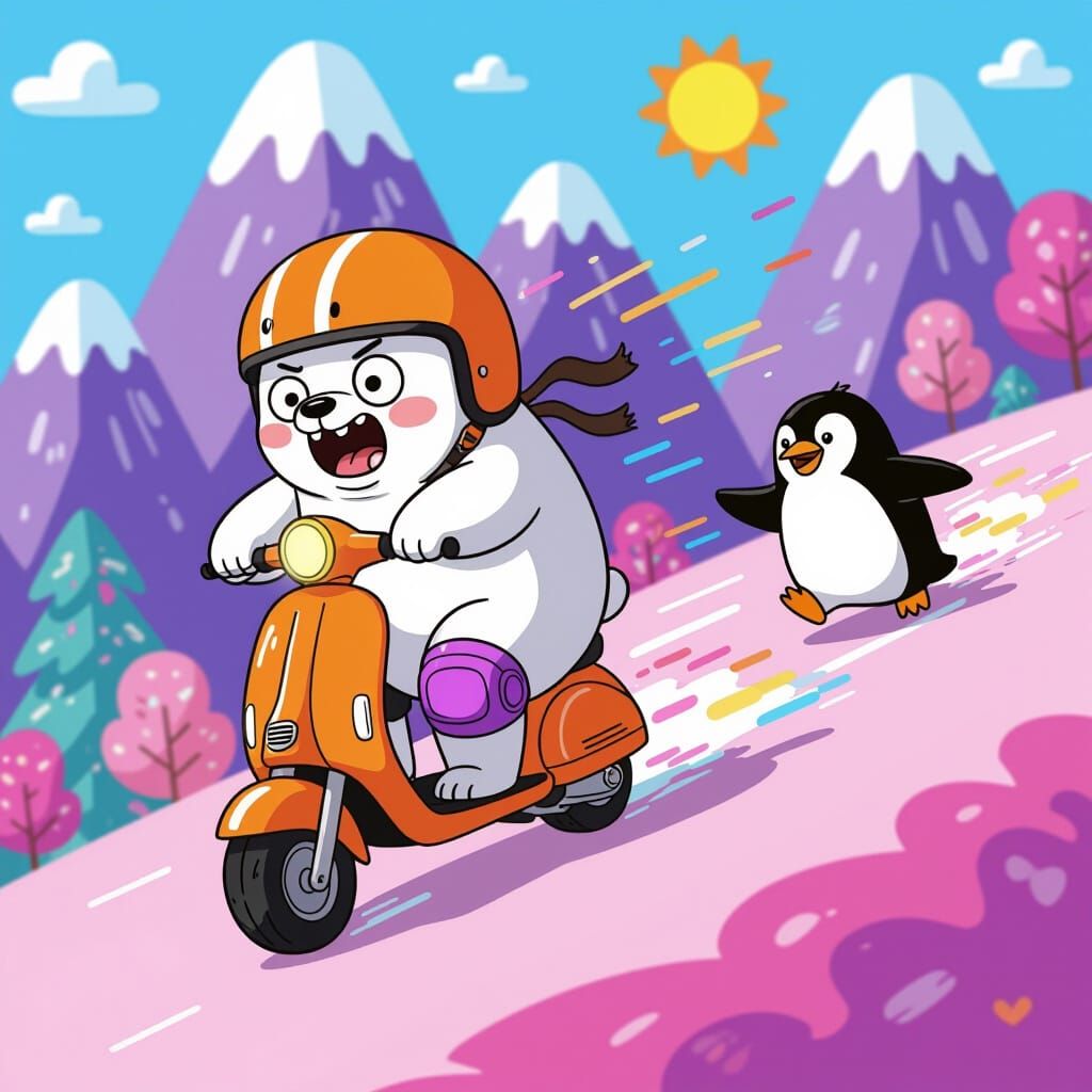 Cartoon Polar Bear Scooter Chase in Pixelated Style