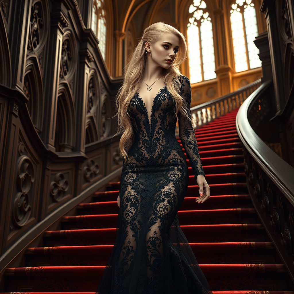Blond Woman in Black Lace Dress Descending Staircase