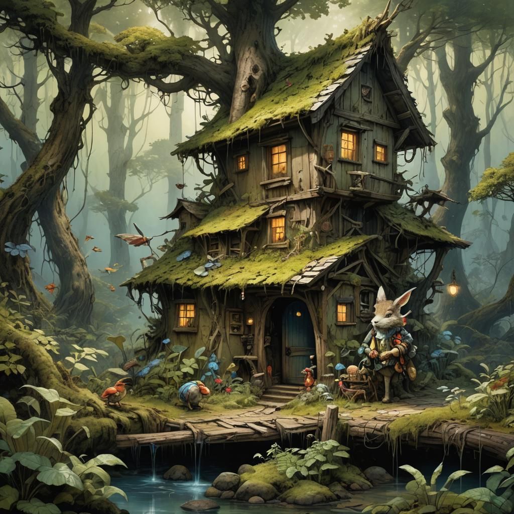 Sunlit Forest Shack in Jean-Baptiste Monge Style