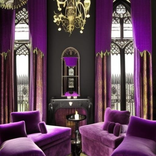 Gothic penthouse with beautiful purple walls with dragonfly tapestries& beautiful gothic windows with purple dragonfly c...