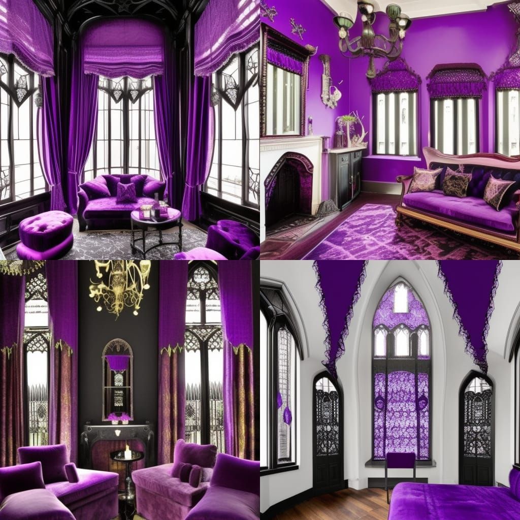 Gothic penthouse with beautiful purple walls with dragonfly tapestries& beautiful gothic windows with purple dragonfly c...