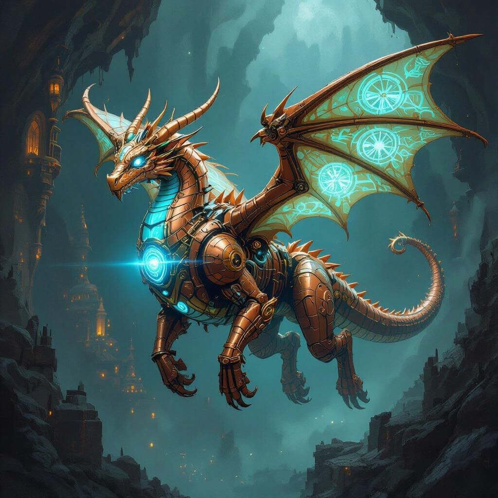 Steampunk Mechanical Dragon Soaring Through Underworld