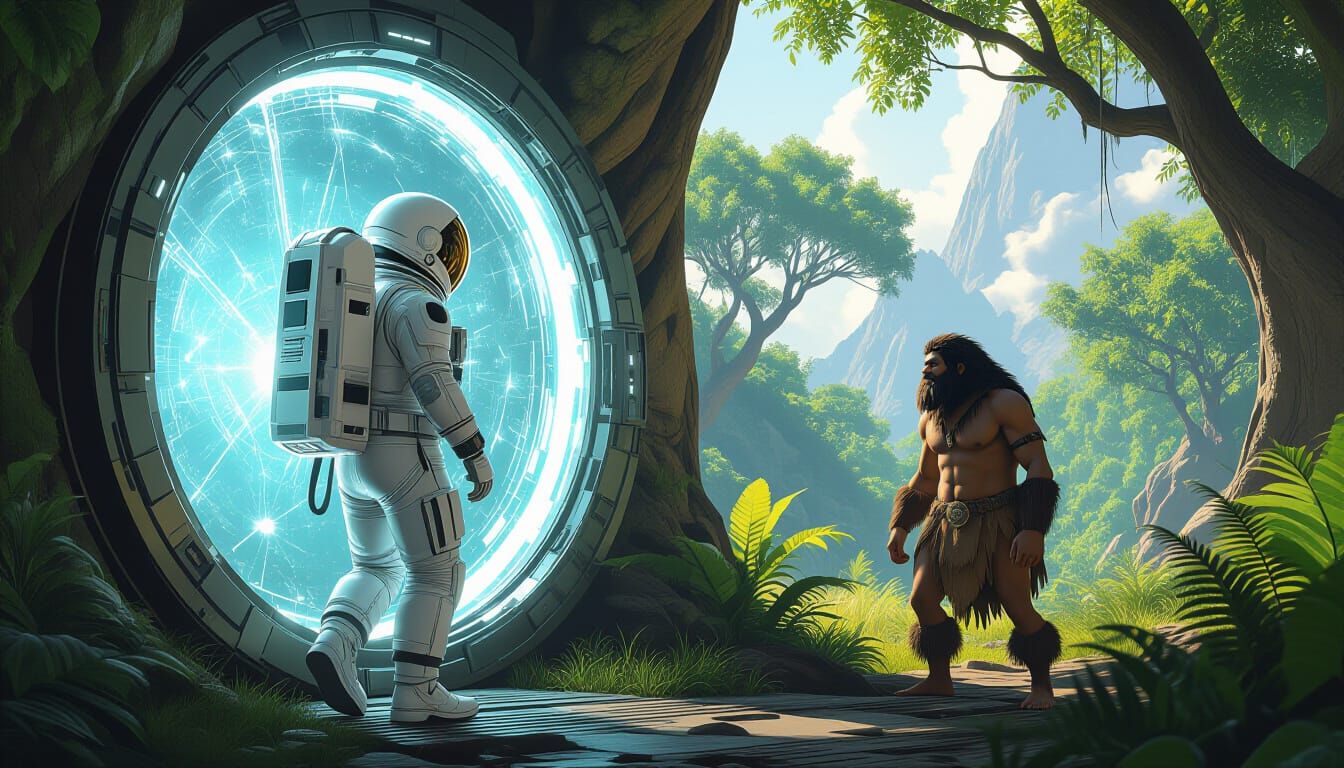 Astronaut Meets Caveman Through Time Portal