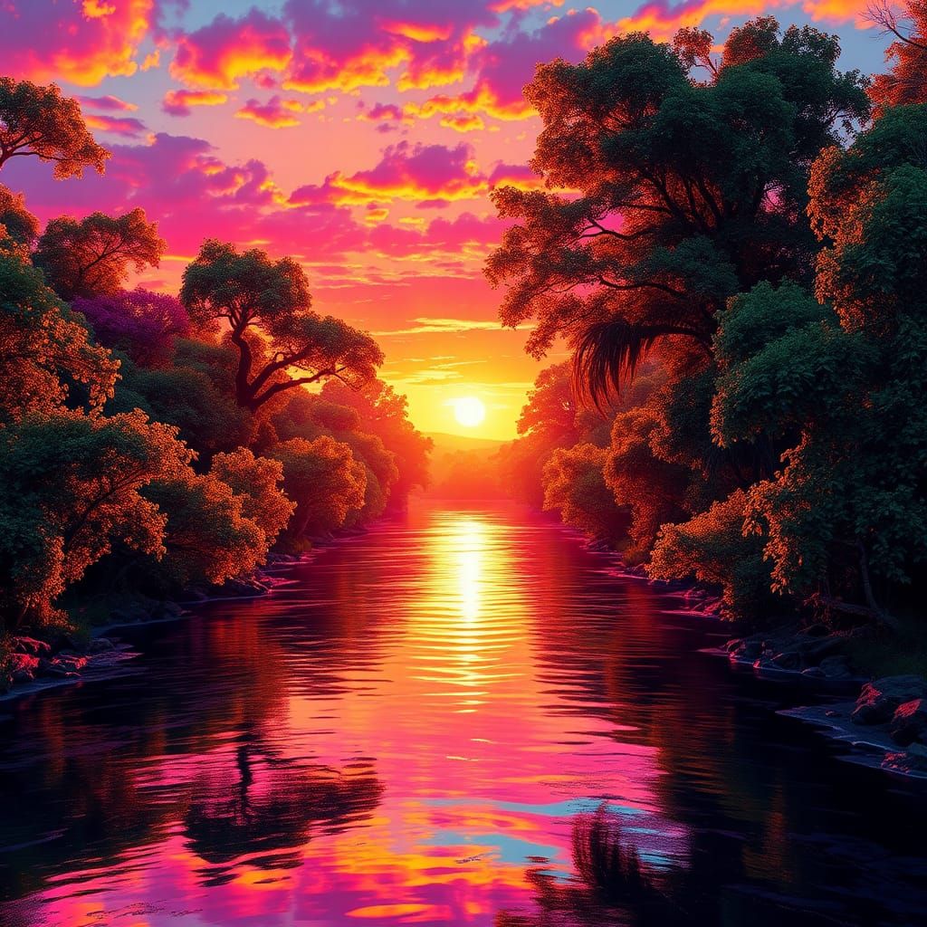 Sunset Riverbanks in Graffiti Art Style