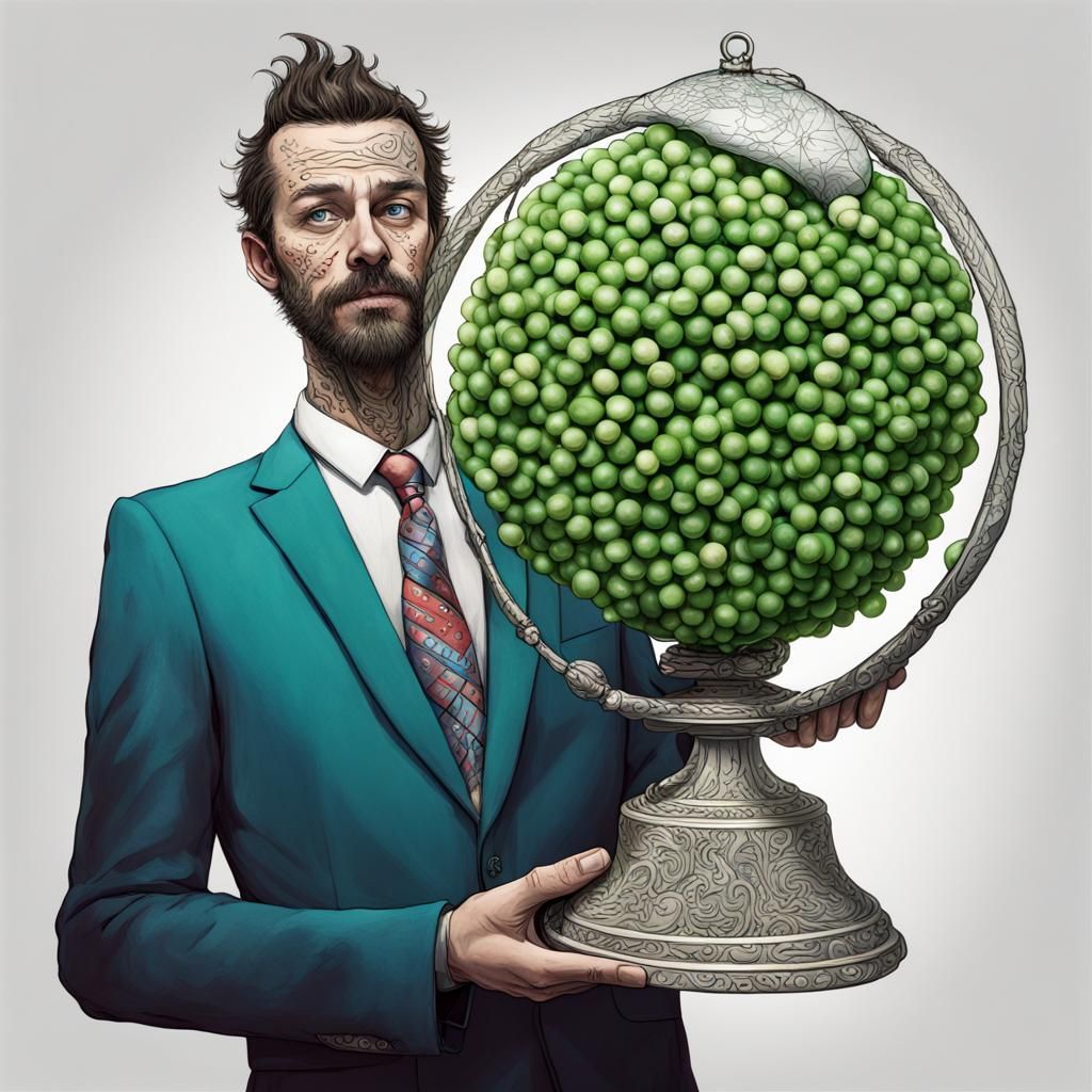 Man Holds Pea Globe Trophy, Fusion Art Styles