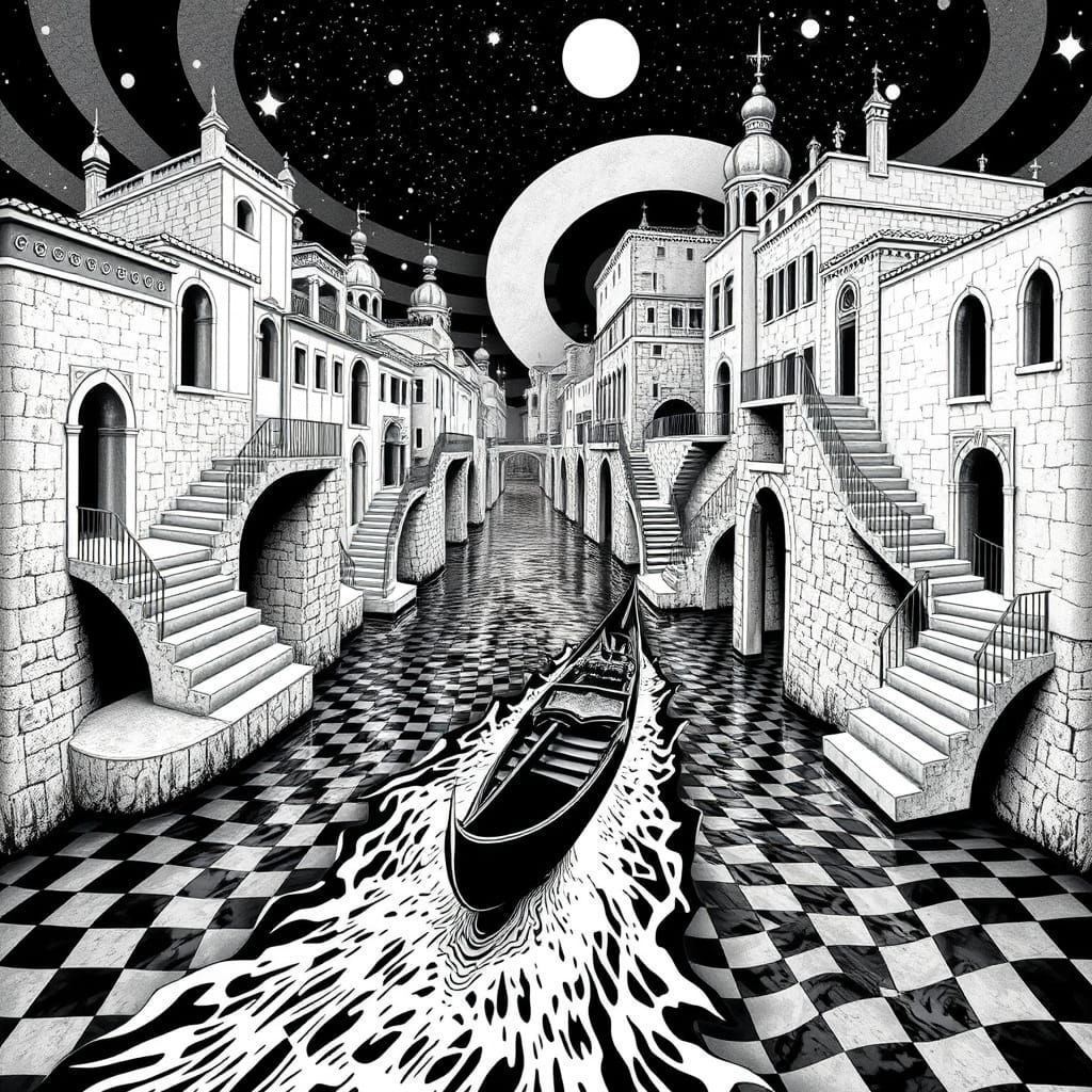 Surreal Gondola on Escher-Inspired Canal