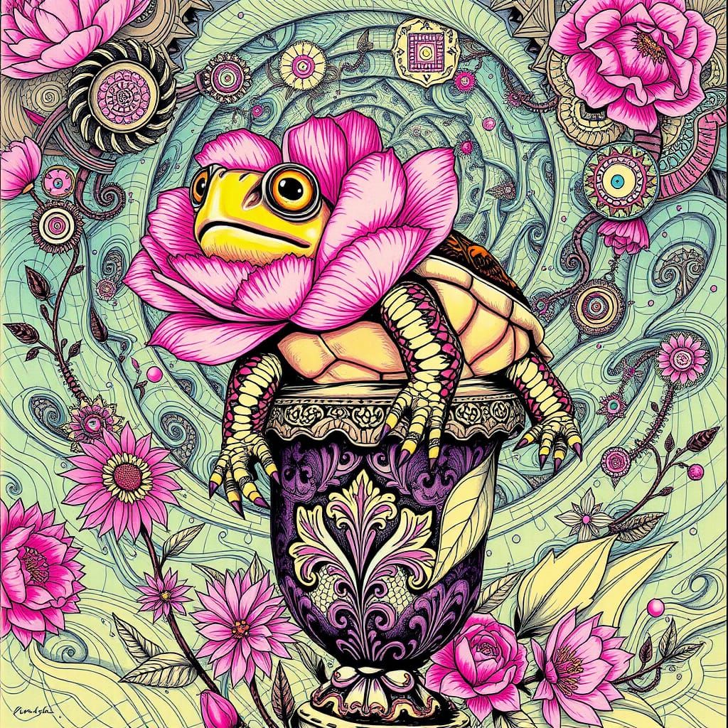 Surrealist Tortoise in a Dreamlike, Psychedelic Wonderland