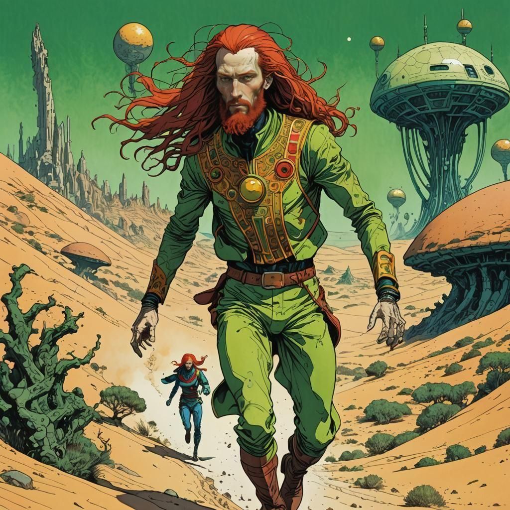 Android and Woman Fleeing Aliens in Psychedelic Art