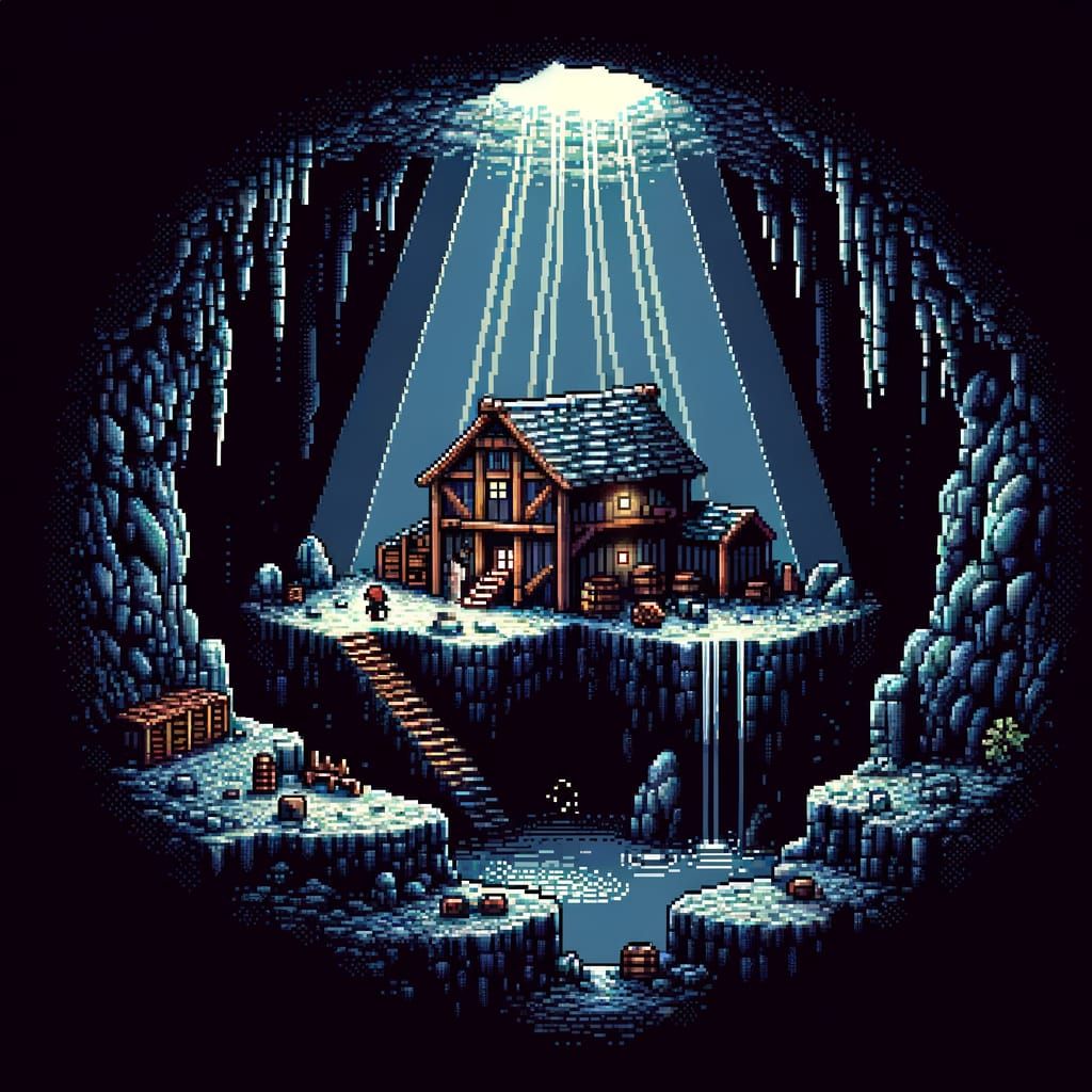 Secret Base in Mysterious Cave: 8-Bit Pixel Art