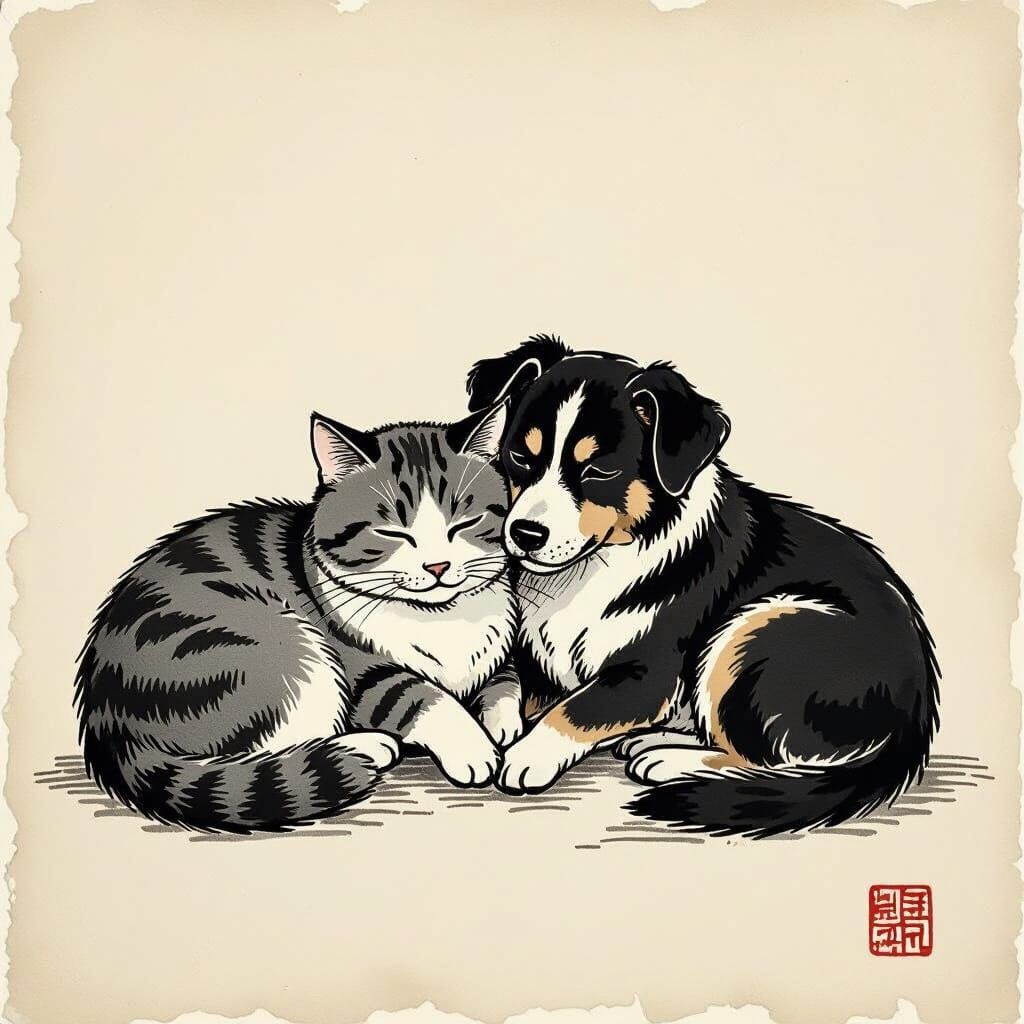 Ink Line Drawing of Cat and Dog Companionship
