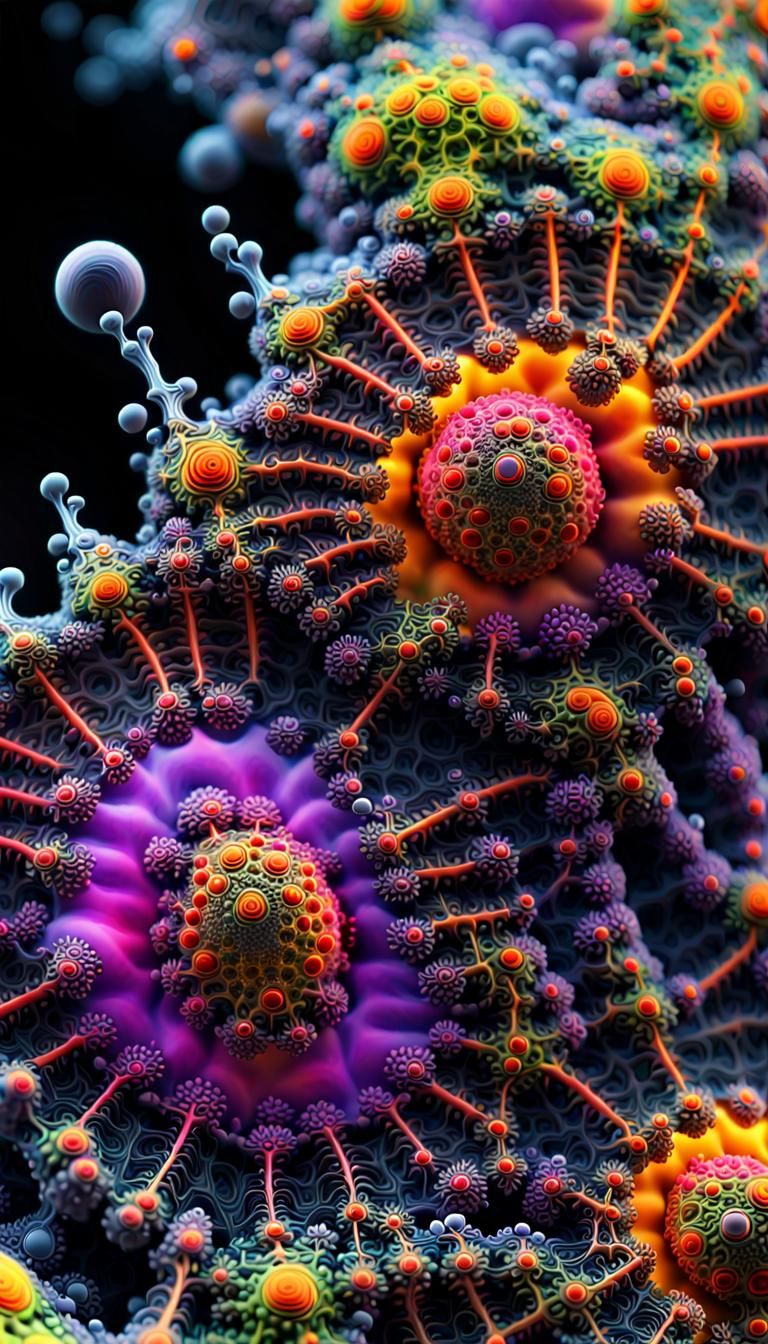 Neon Fractal Art: Prebiotic to Biotic Transition