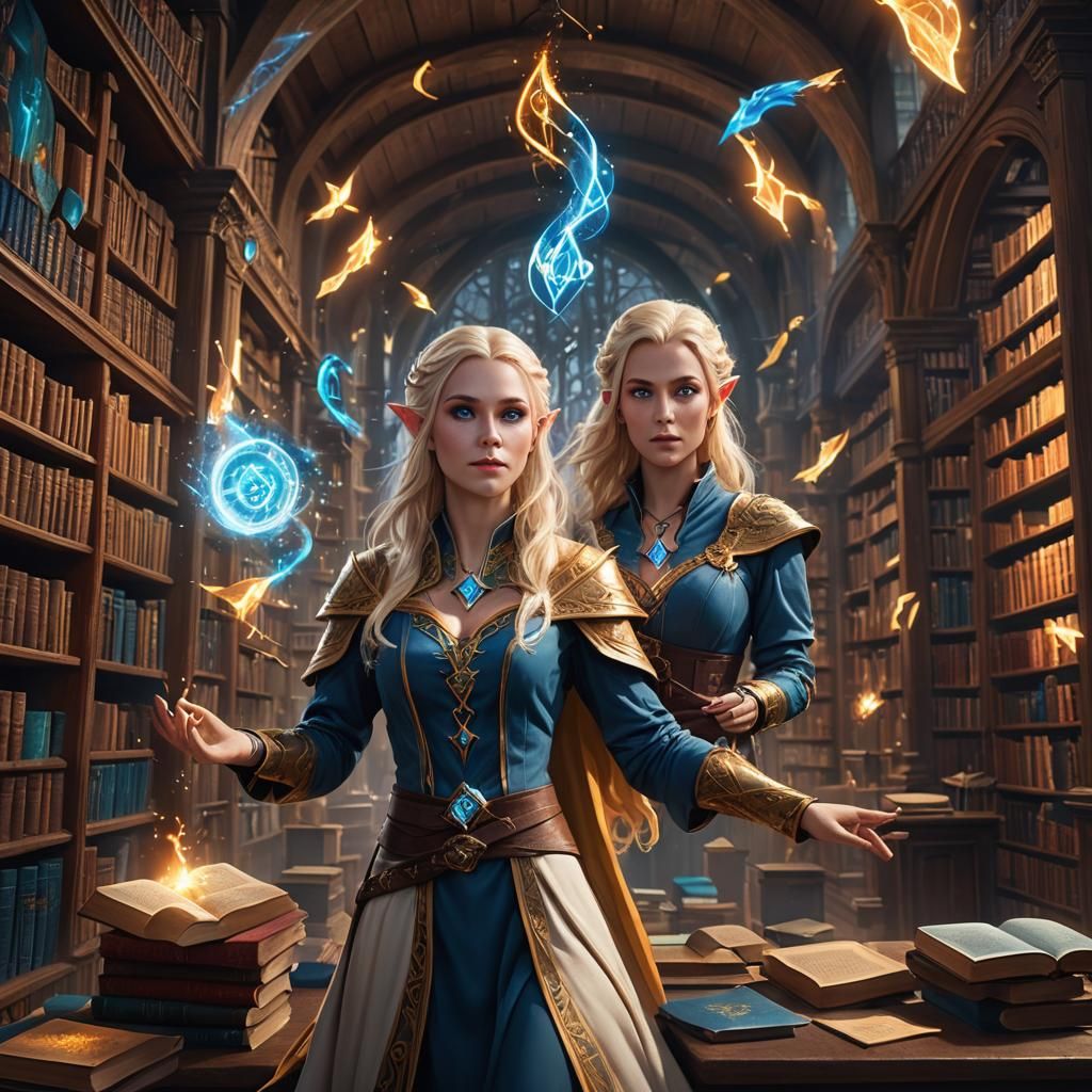 Half-Elf Wizard in Library with Magical Runes