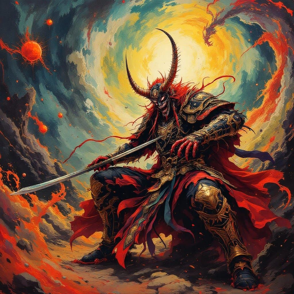 Cosmic Oni Warrior in Bold Pop Art Oil Painting