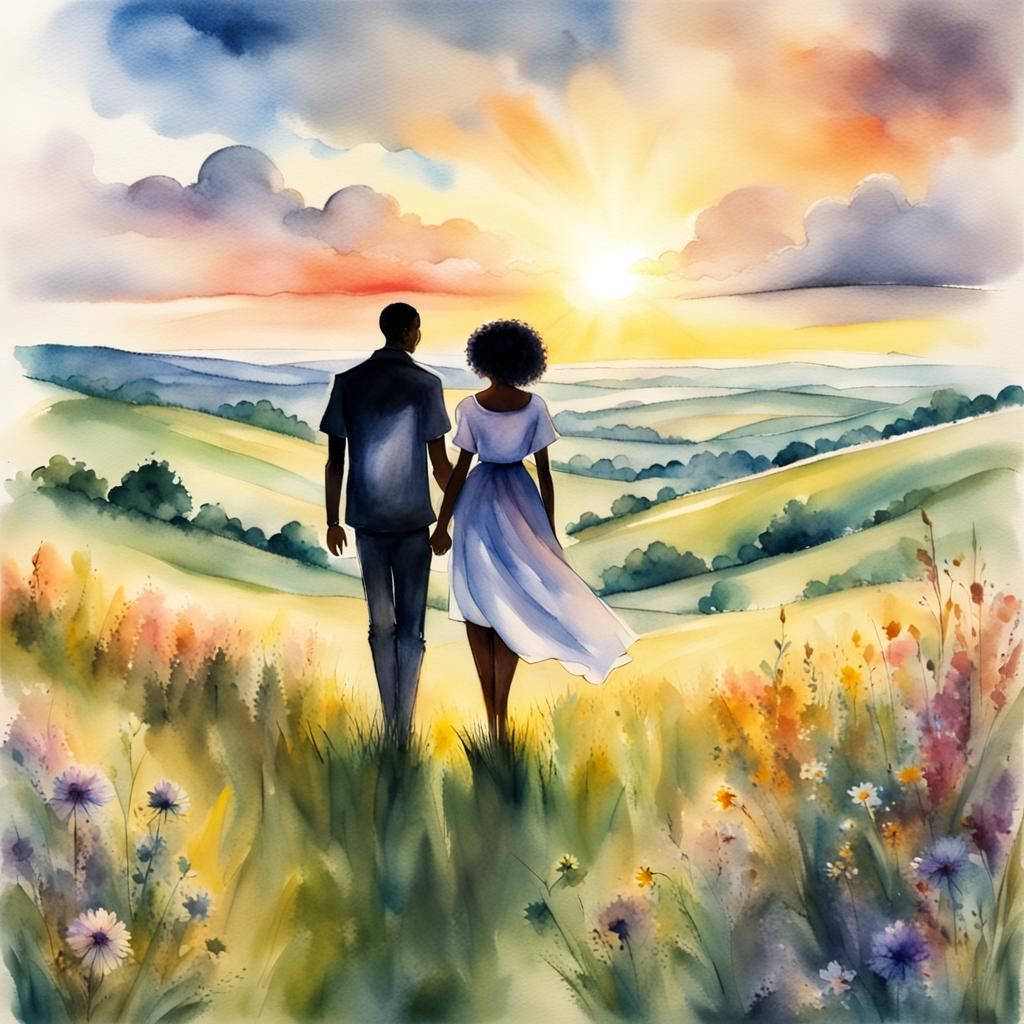 Black Lovers Picnic at Sunset in Watercolor