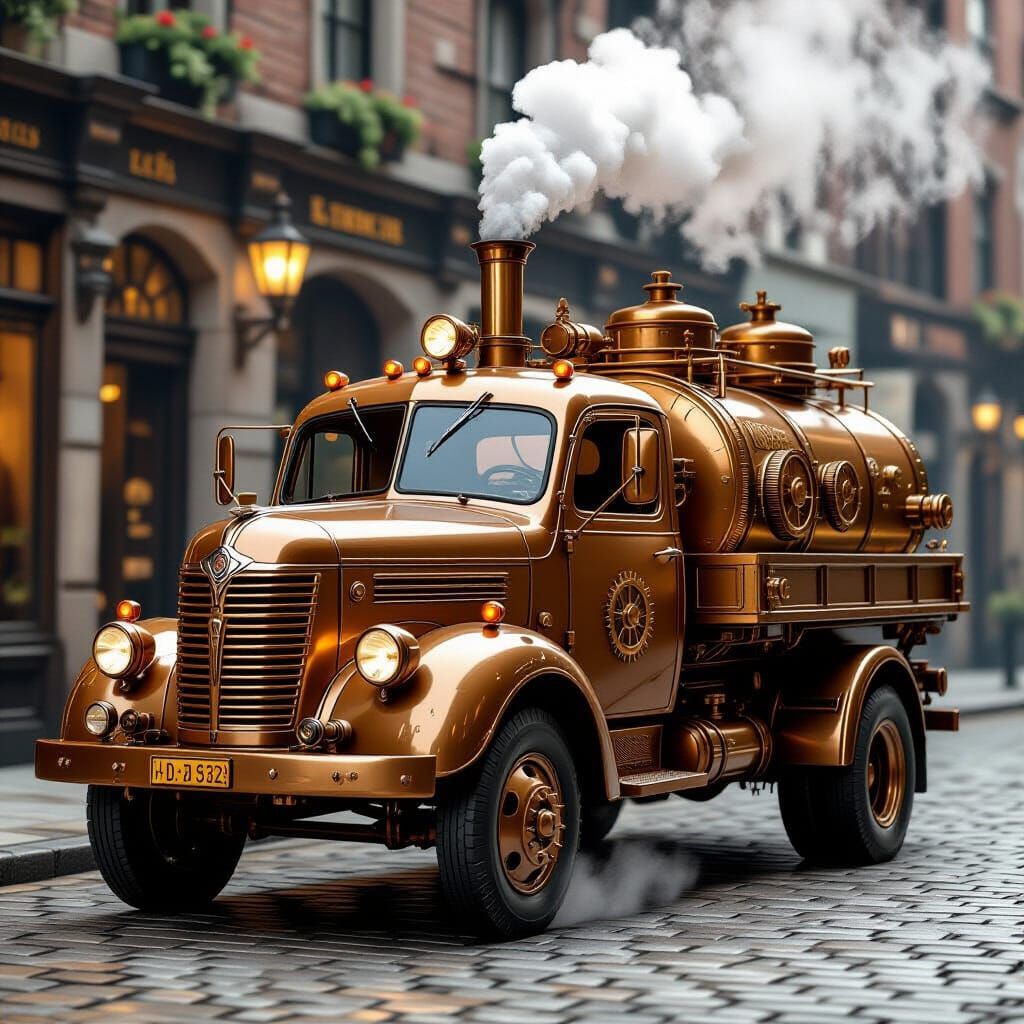Steampunk Milk Truck with Gears and Steam