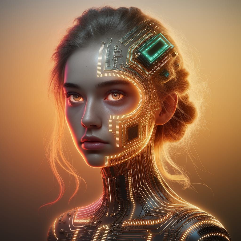 Ethereal Woman Merges with Circuitry in Digital Art