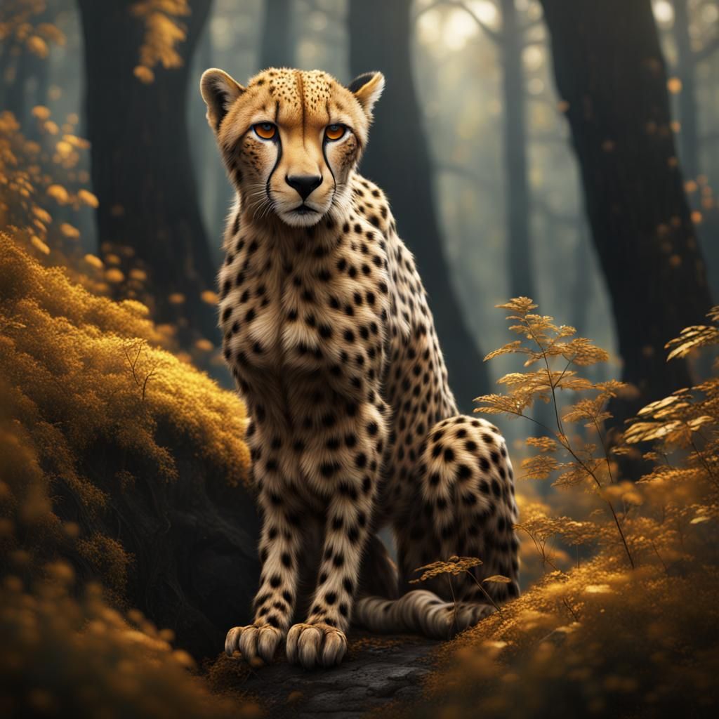 Golden Cheetah in Black Forest: Detailed Matte Painting