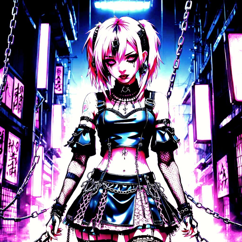 Edgy Emo Girl in Black and Pink Anime Art