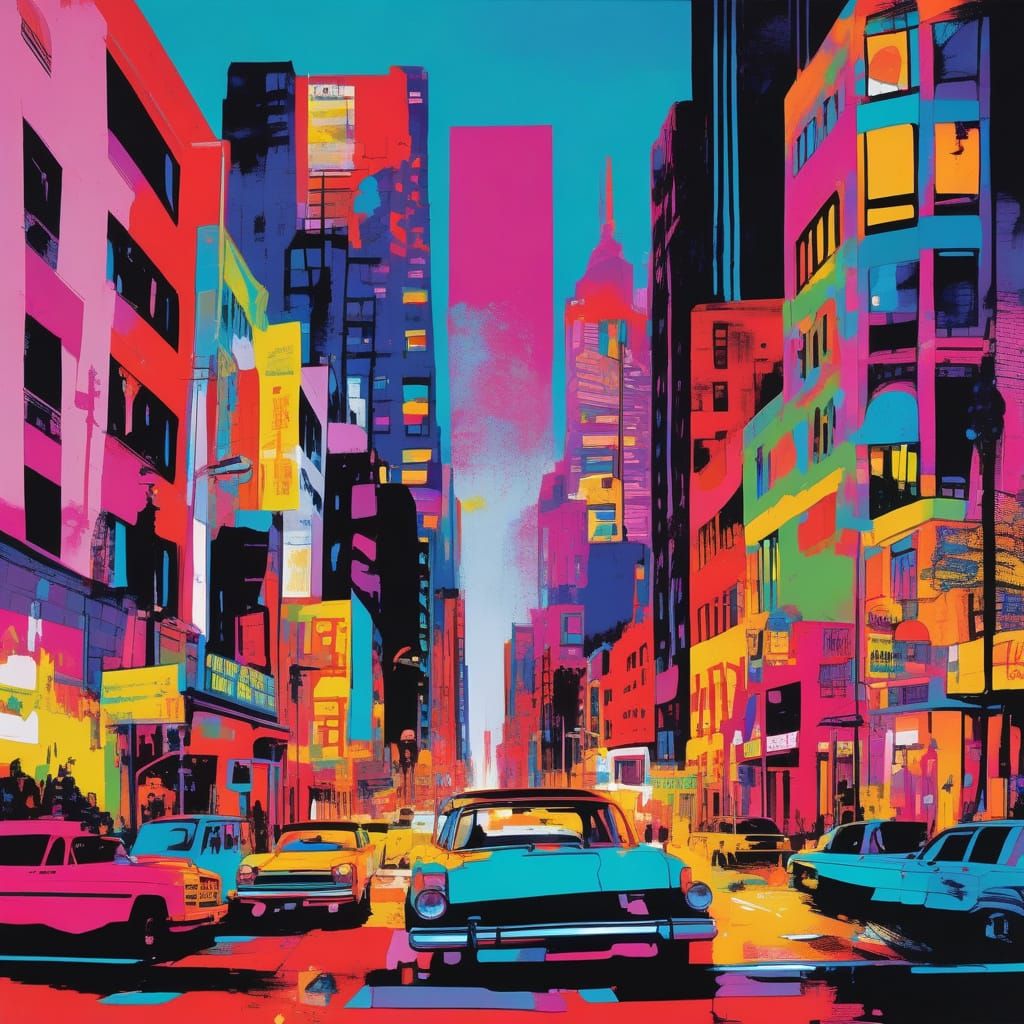 Pop Art Neon Cityscape in Bold, Saturated Colors