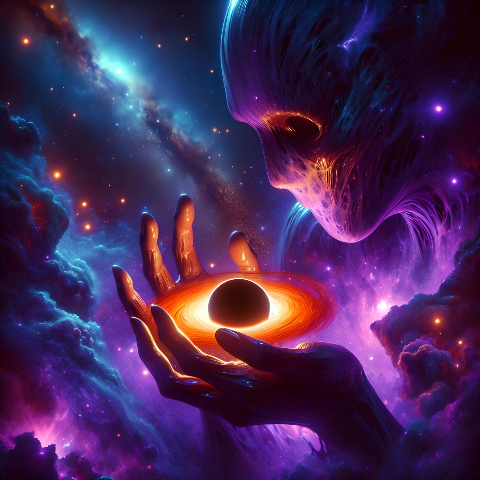 Cosmic Deity Holding a Black Hole in Deep Space