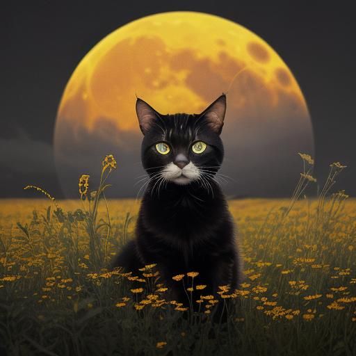 Calico Cat in Wildflower Field Under Moonlight