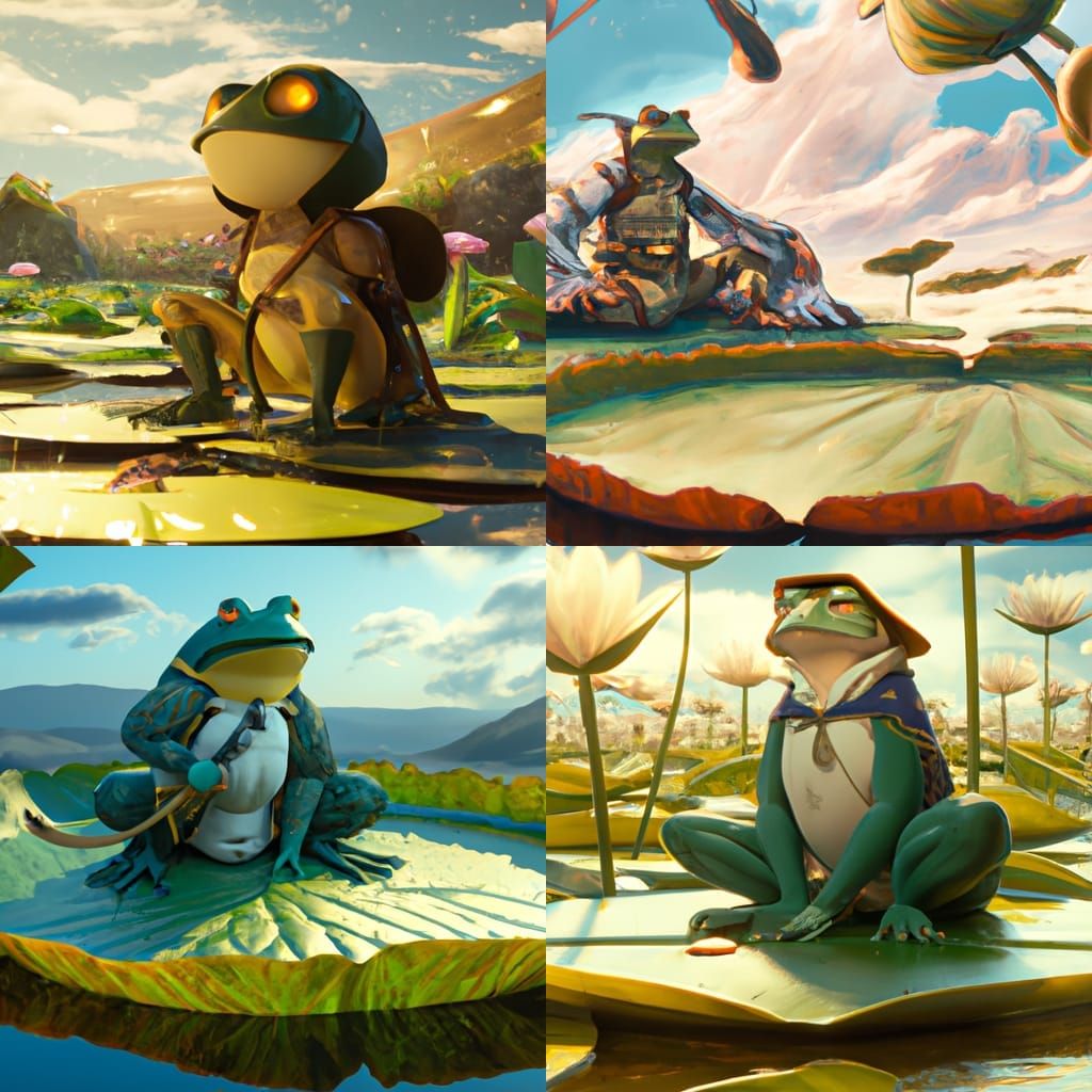 Anime Frog Warrior on Lilypad in Ghibli Style