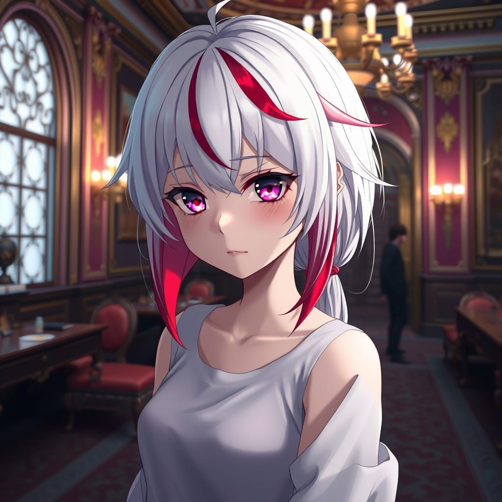 Frustrated Anime Girl with Vibrant Hair and Eyes in Lavish R...