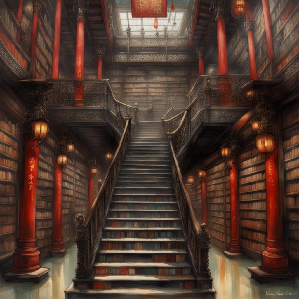 Surreal Chinese Bookstore with Illusionary Mirrors