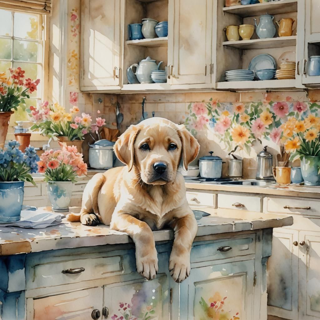 Labrador Puppy in Kitchen, Watercolor Impressionism